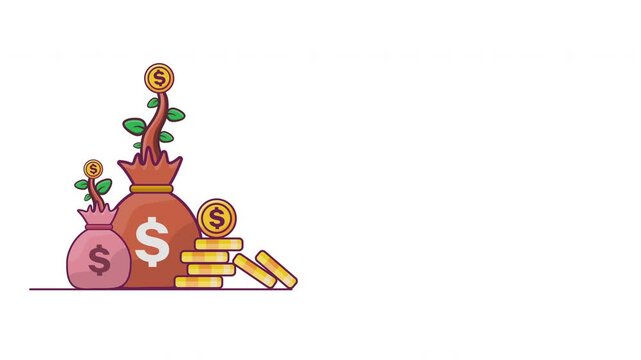 Animation Money bags and coin stack saving in background. Money bags growing business for loan finance,investment, online payment and payment. money earning vector render isolated on growth background