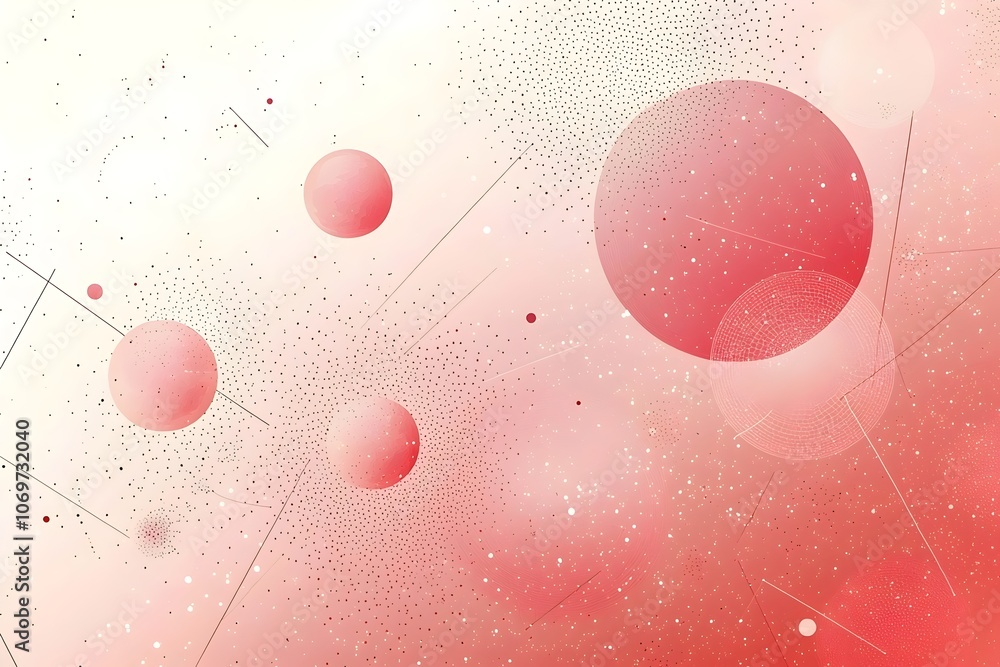 Poster an abstract cosmic scene featuring red-toned spheres and scattered dots, creating a sense of depth a