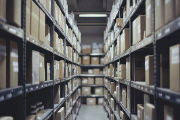 warehouse aisle with rows of shelves stacked with cardboard boxes
