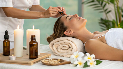 serene spa treatment featuring woman receiving facial massage with essential oils, surrounded by candles and natural elements, promoting relaxation and wellness