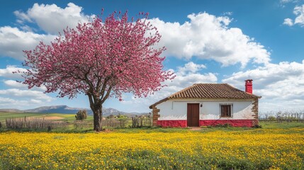Image of a grad almond tree in bloom next to rural house