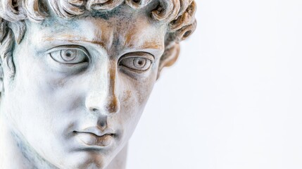 Gypsum copy of famous ancient statue Antinous head isolated on a white background Plaster antique sculpture young man face Renaissance epoch Portrait