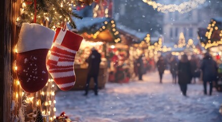Obraz premium A festive scene featuring red Christmas stockings, twinkling lights, and a snowy market bustling with holiday shoppers.