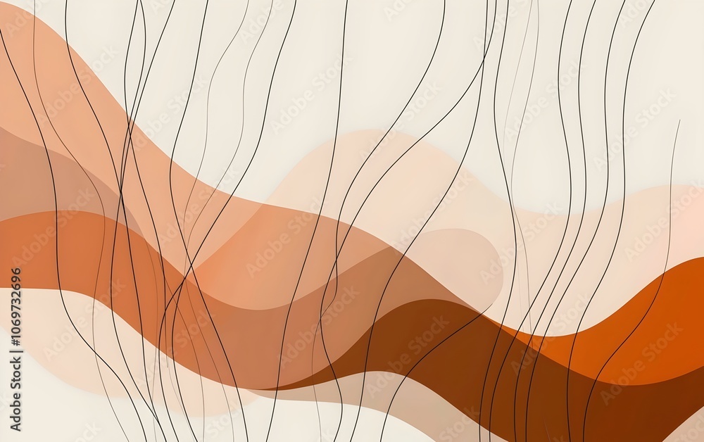 Poster an abstract design featuring soft, flowing waves in warm shades of orange and beige, contrasted by f
