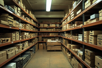 Obraz premium well organized warehouse storage room, filled with cardboard boxes, shelves and rows
