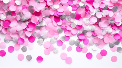 Banner made from pink and silver confetti isolated on a white background Festive concept Childrens party birthday wedding celebration Top view Copy space