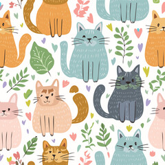 Cute cat hand drawn seamless pattern