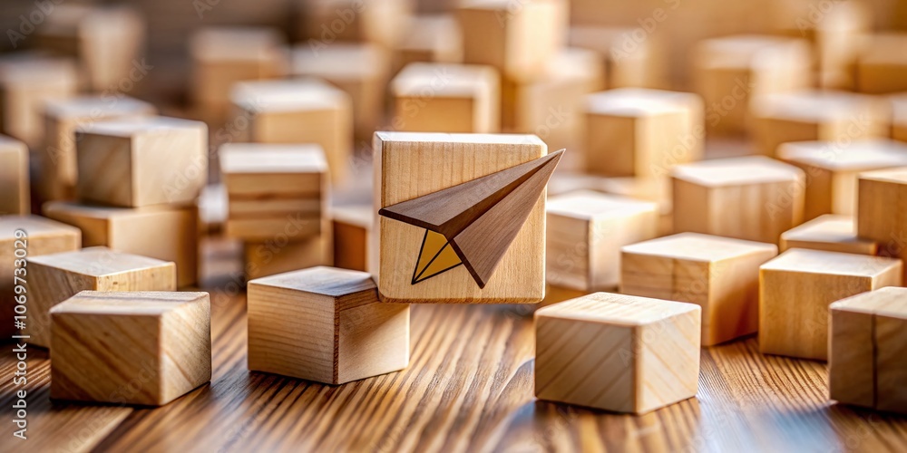 Poster conceptual photography of a paper plane navigating through wooden cubes with a danger warning sign, 