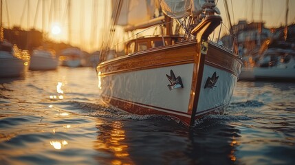 Obraz premium A serene sunset over a wooden sailboat gliding through calm waters in a picturesque harbor filled with moored yachts