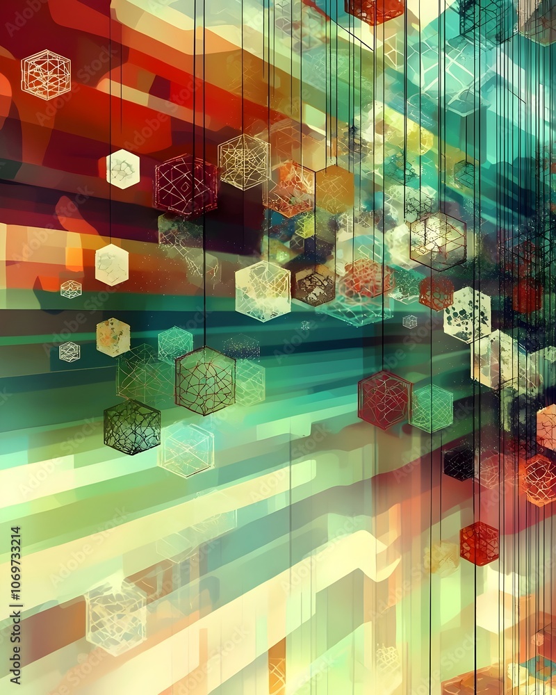Poster an abstract digital artwork featuring colorful geometric shapes suspended in a vibrant, dynamic back