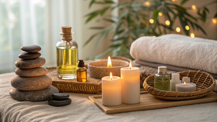 serene spa setting featuring candles, essential oils, and smooth stones, creating calming atmosphere for relaxation and wellness