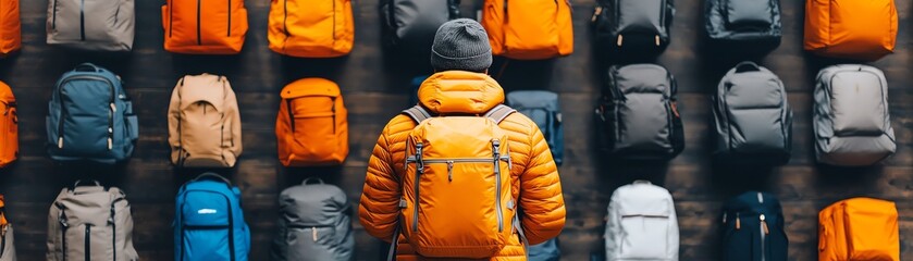 A person wearing an orange jacket and backpack stands in front of a colorful wall display of various backpacks. Outdoor adventure gear.