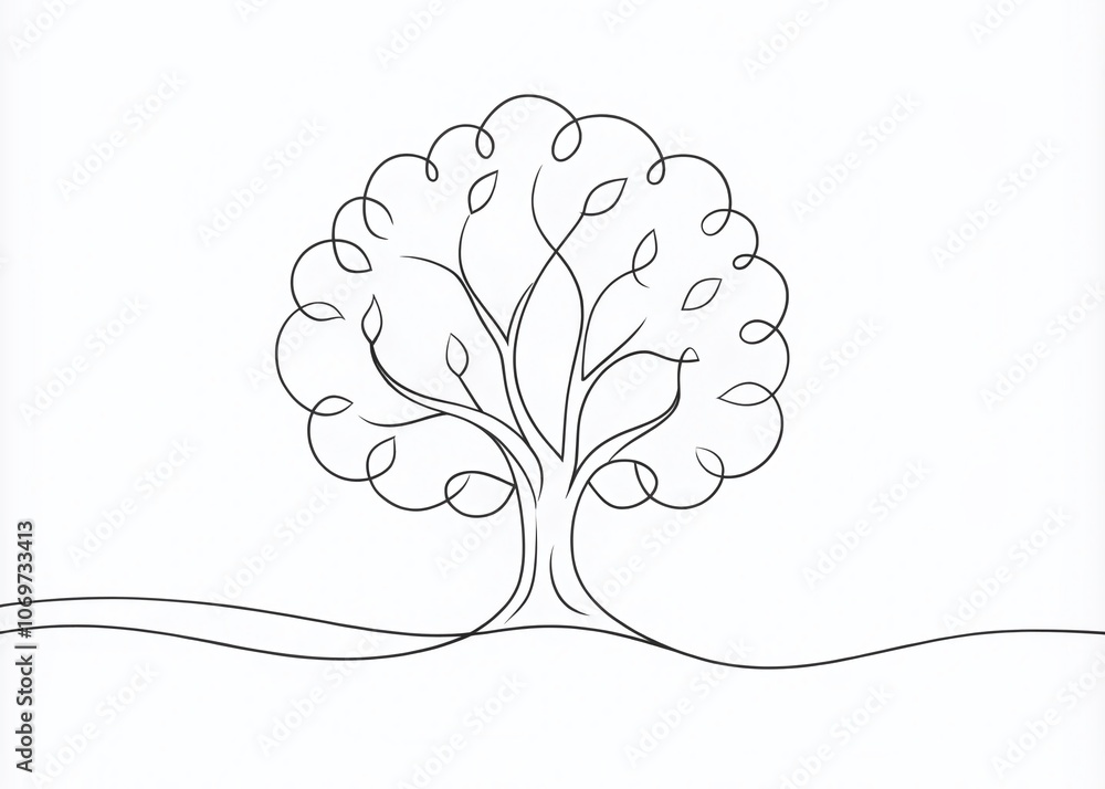 Poster continuous line drawing of a tree on white background – minimalist vector illustration perfect for n