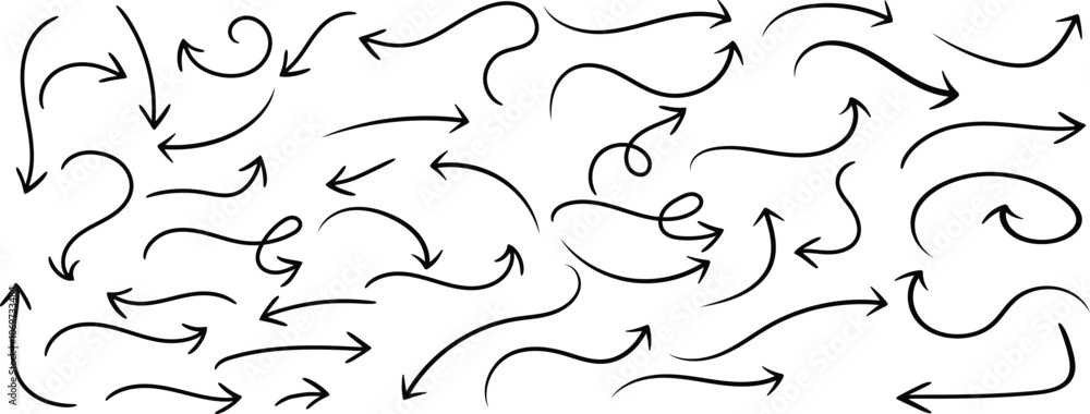 Poster Set of simple lines hand drawn black arrows. Various of simple lines arrows collection.Set of simple lines hand drawn black arrows in various style. Set of simple of hand drawn black arrows.