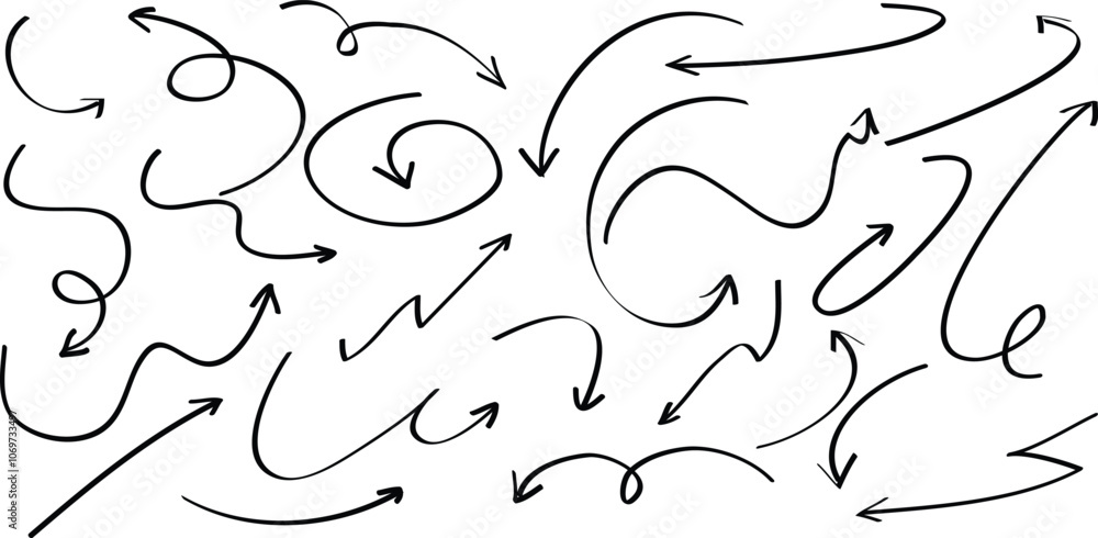 Poster Set of simple lines hand drawn black arrows. Various of simple lines arrows collection.Set of simple lines hand drawn black arrows in various style. Set of simple of hand drawn black arrows.