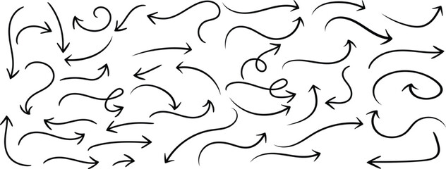Set of simple lines hand drawn black arrows. Various of simple lines arrows collection.Set of simple lines hand drawn black arrows in various style. Set of simple of hand drawn black arrows.