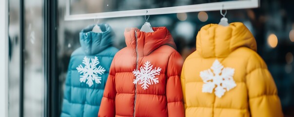 Colorful winter jackets on display in a shop window with snowflake decorations, creating a cozy and inviting seasonal atmosphere.