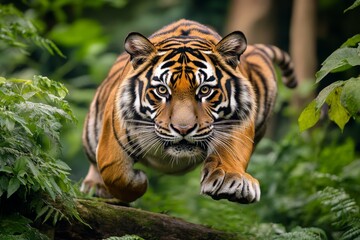 Obraz premium Detailed shot of a tiger prowling through the jungle, with lush greenery in the background and detailed fur patterns