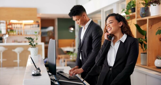 Woman, call and hotel staff at reception with smile, concierge and desk help with booking management. Lobby, customer service and professional with hospitality, networking and phone conversation
