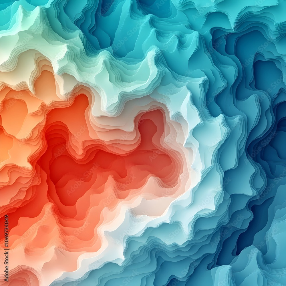 Poster an abstract wave of vibrant colors, featuring a blend of red, orange, and shades of blue, creating a