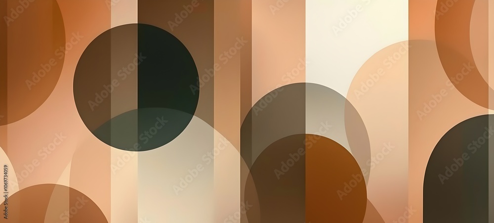 Poster an abstract geometric design featuring overlapping circles and vertical stripes in warm tones of bro