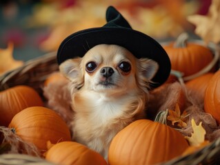 Small dog in pumpkin basket with witch's hat