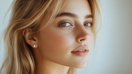 Fototapeta premium A close-up profile of an elegant blonde Australian woman wearing simple modern earrings, showcasing her natural skin texture, taken from the side under gentle white lighting