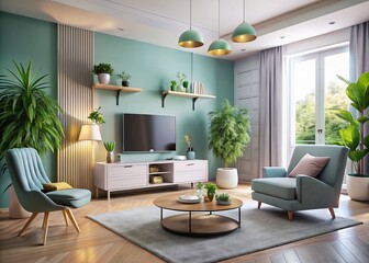 Cozy Pastel TV Room Featuring a Gray Armchair and Decorative Accessories in a Bright and Inviting 3D Render for Interior Design Inspiration