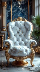 Fototapeta premium Opulent Ornate Chair with Gold Trim and Marble Pattern - Luxurious Interior Design