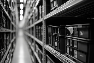 long aisle in warehouse with shelves full of black plastic bins