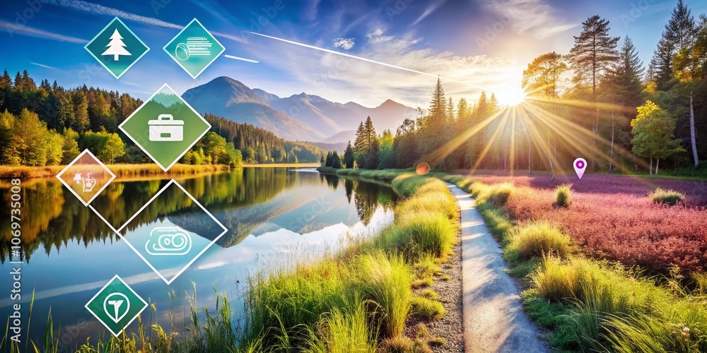 Poster creative double exposure photography of wayfinding icons with square line vectors blending nature an
