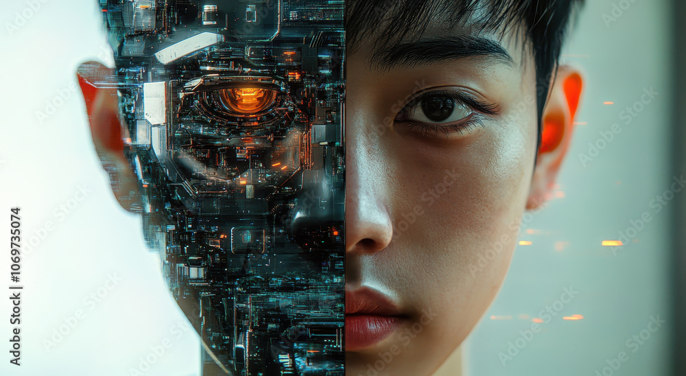 Poster a captivating split-image of a human face blending into a robotic visage, symbolizing the fusion of 