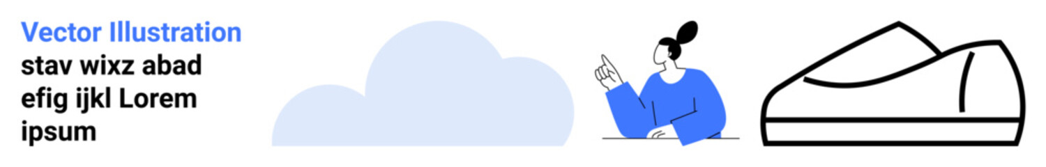 Cloud shape, person with bun hairstyle pointing, outline of a shoe. Ideal for web design, UIUX, modern art, fashion, minimalist themes, technology, visual content. Landing page