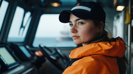 A young woman in a bright orange jacket and cap operates a ship's bridge, gazing thoughtfully into the distance, surrounded by high-tech equipment.