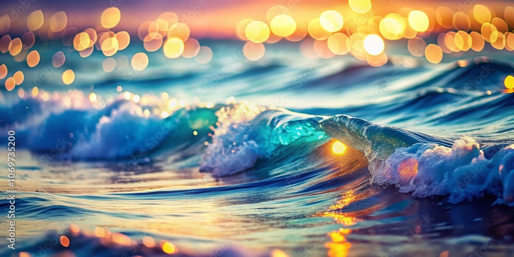 Poster creative minimalist ocean wave illustration with bokeh effect: modern paint and line art pattern for