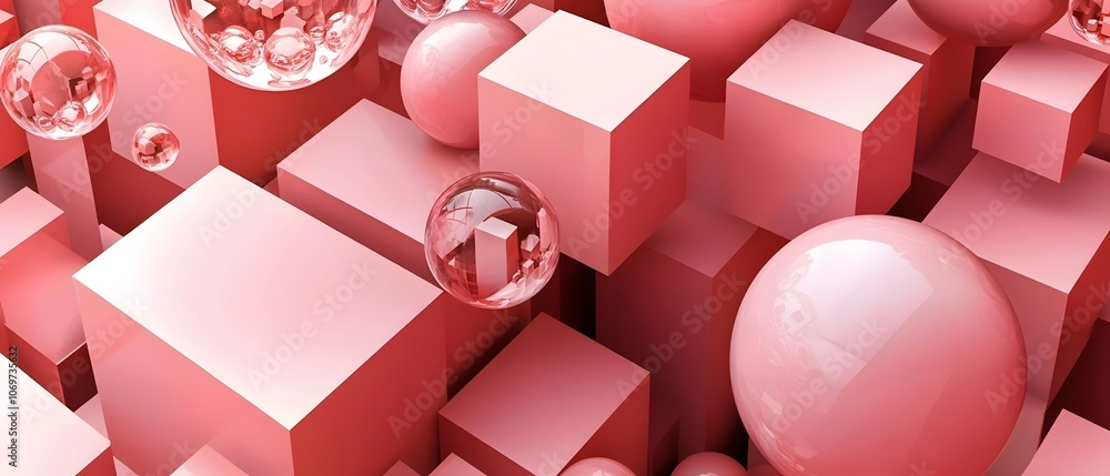 Poster An abstract composition featuring a cluster of pink cubes and glossy spheres, creating a playful and modern aesthetic. The soft color palette evokes a sense of calm and creativity.