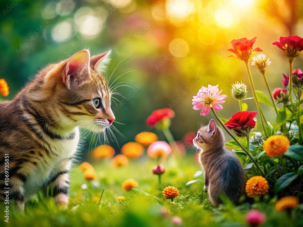 Poster curious cat and mouse in a whimsical garden setting with bokeh effect, capturing playful interaction