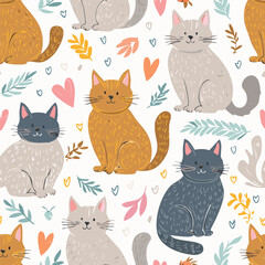 Cute cat hand drawn seamless pattern