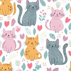 Obraz premium Cute cat hand drawn seamless pattern