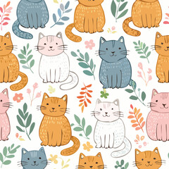Cute cat hand drawn seamless pattern