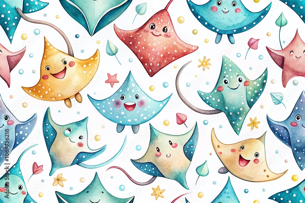 Poster cute smiling sea stingray vector seamless pattern in handdrawn style on white background for fun and
