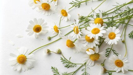 Obraz premium Delicate Chamomiles on a Bright White Background, Capturing the Essence of Spring and Nature's Beauty, Ideal for Wellness and Relaxation Themes in Stock Photography