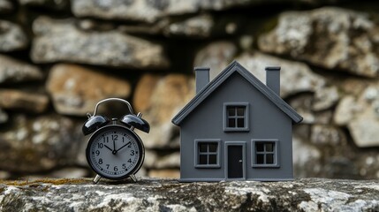 Naklejka premium Time to buy a house A gray house and black alarm clock on stone background