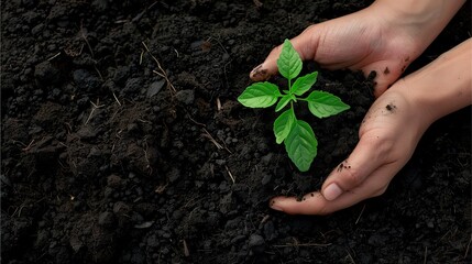 Nurturing New Growth: A hand gently cradles a vibrant green seedling, its roots nestled in rich, fertile soil.  A symbol of hope, renewal, and the potential for growth.