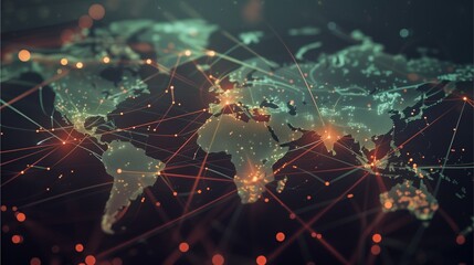 Global Trade: A complex network of interconnected transportation, logistics, and shipping.  A 3D illustration of the world map with a futuristic, digital aesthetic.