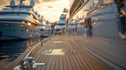 Luxury yachts reflect golden sunset light along a wooden dock in a serene marina, creating a peaceful, upscale atmosphere