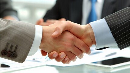 Securing the Deal: A Close-up shot of two businesspeople shaking hands, symbolizing a successful partnership and agreement. The image conveys trust, commitment, and the culmination of a deal.