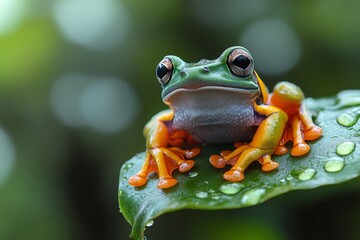 Realistic image of a frog sitting on a leaf in a rainforest, with dewdrops and lush green surroundings
