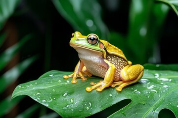 Fototapeta premium Realistic image of a frog sitting on a leaf in a rainforest, with dewdrops and lush green surroundings
