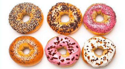 Set with delicious bagels with cream cheese on white background top view